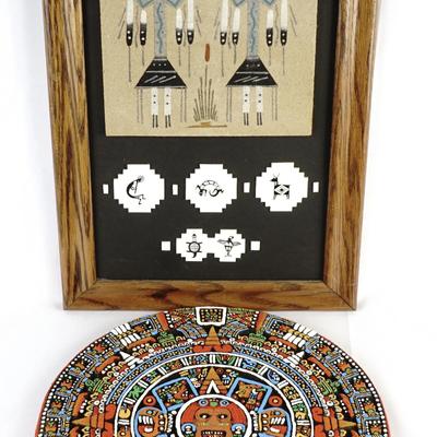 Mexican Folk Art Set - Hand-Painted Ceramic Sun Calendar & Framed Amate Bark Painting