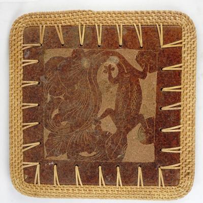 9”x9” Maui Hawaii Hand Made Clay Plate With Wicker Trim & Lizard