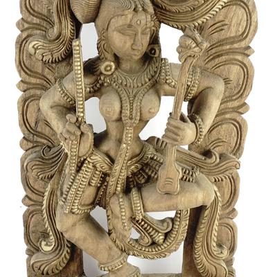 Hand-Carved Indian Stone Relief Sculpture - Apsara with Flute