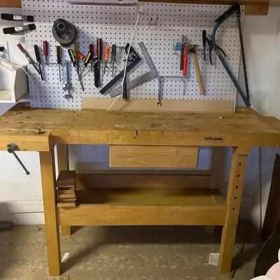 Solid Oak Workbench Includes Pegboard And Tools