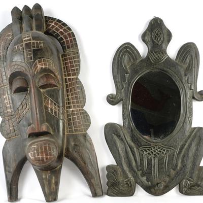 Hand-Carved African Kpelle Tribe Wood Mask and Ornate Wall Mirror
