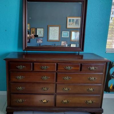 10 Drawer Vintage Wooden Dresser With Large Landscape Mirror