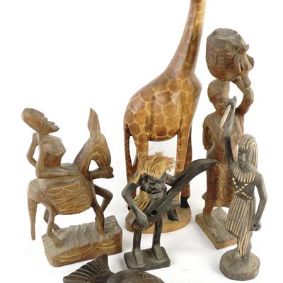 African Hand-Carved Wood Figurines and Vintage Fish-Shaped Container