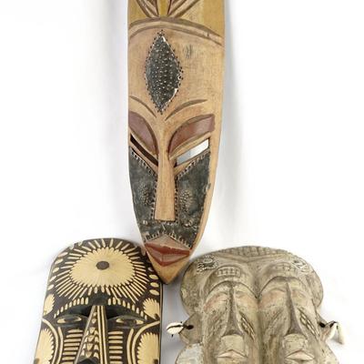 African Tribal Hand Carved Wooden Tribal Mask Wall Art Trio 12” Wood Face Symbols Geometric
