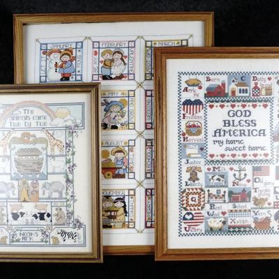 Trio of Large Handcrafted Framed Patriotic and Seasonal Cross-Stitch Art