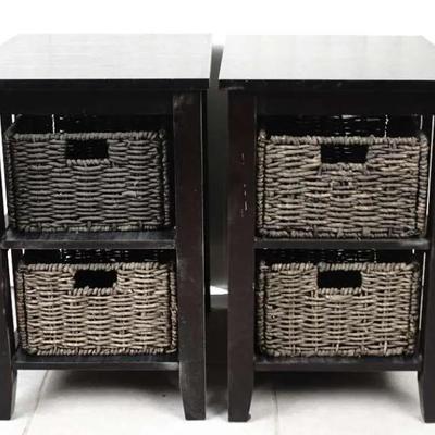 Pair of Espresso Wooden End Tables with Woven Basket Storage
