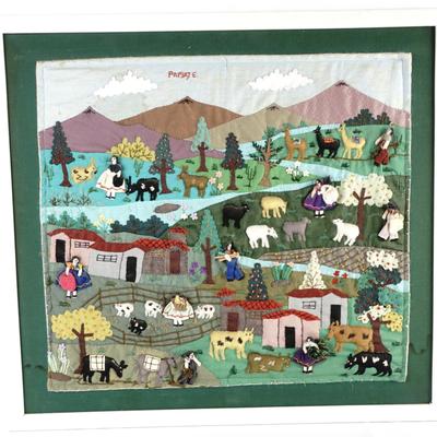 Handcrafted 3D Padded Fabric Folk Art Mountain Scene