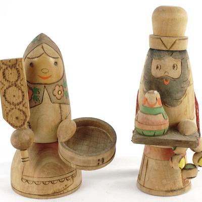 1967 Hand-Carved Russian Wood Statues: Babushka & Ded Moroz (Santa)