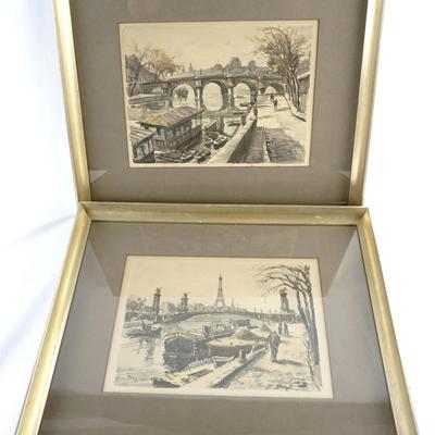 Andre Kraft-Seguie French Mid Century Watercolor Signed Paintings (Set of 2)