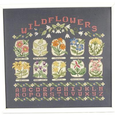 Wildflower Botanical Embroidery and Alphabet Vintage Framed Sampler Art 