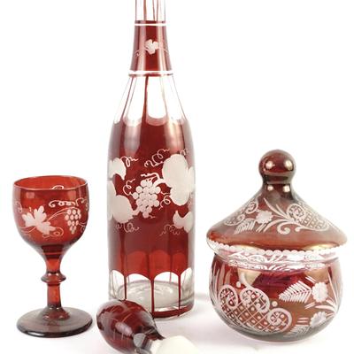 Egermann Bohemian Ruby Cut Glass Bottle & Assorted Pieces - 4 Piece Set