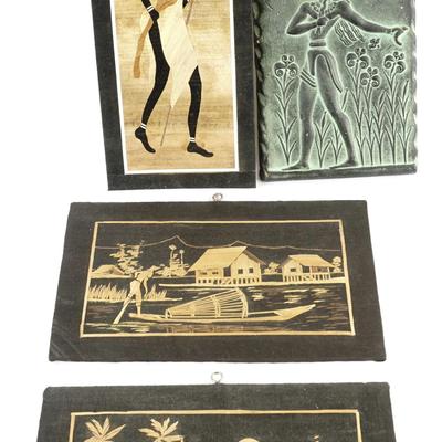 Four-Piece Collection of Vintage African Silhouette Art and Relief Wall Plaque