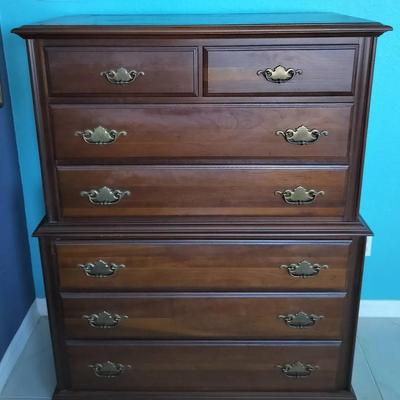 Vintage 7-Drawer Tallboy Highboy Dresser with Brass Hardware