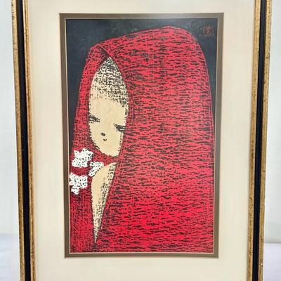 Kaoru Kawano Woodblock Print C. 1950 - “Dream Girl With A Red Hood” 20x14.5”