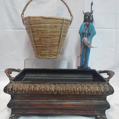 Decorative Metal Planter, Figurative Sculpture, and Woven Basket