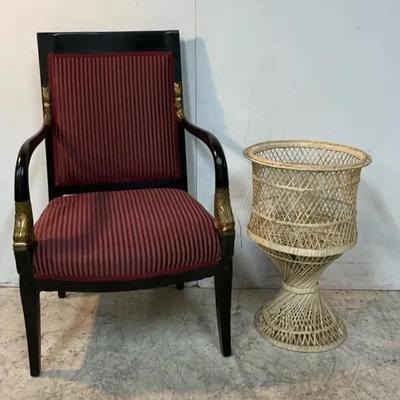Regency Style Armchair W/ Vintage Wicker Plant Stand 