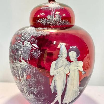 Mary Gregory-Style Cranberry Glass Ginger Jar 11” 
