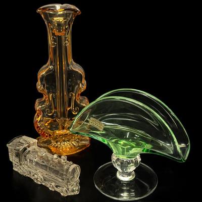 Vintage Art Glass: Imperial Honey Amber Violin Vase, Murano Glass Fan Vase, Glass Train Figurine