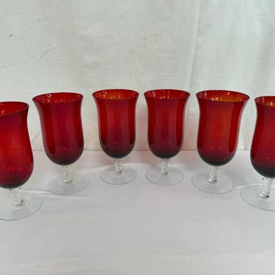 Vintage Ruby Red & Clear Twisted Stem Goblets (Set of 6)