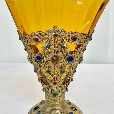 Antique Art Nouveau Fan Vase In Filigree Metal Mount