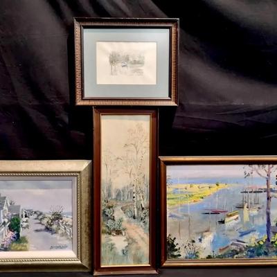 (4) Original Oil Landscape & Seascape Paintings and Watercolor 