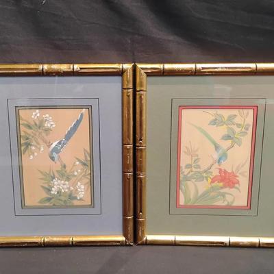 Pair of Vintage East Asian Bird & Floral Prints – Gilt Faux Bamboo Frames