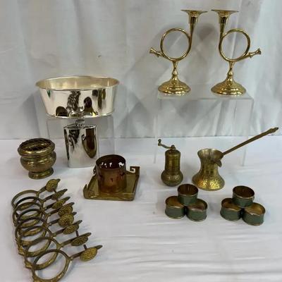 Brass Horn Candlesticks, Ornate Brass Cezve, Stainless Steel Flask + Extras