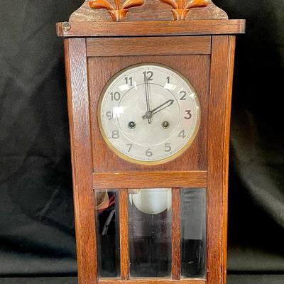 Antique German Wall Clock Wood Case W/ Pendulum 24” 