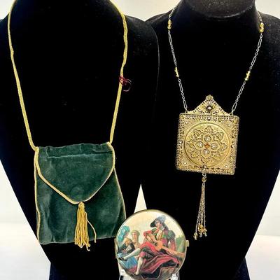 Antique Gilt Metal Ornate Embellished Clutch And Green Velvet Tassel Pouch W/ Renaissance Compact