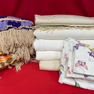 (5) Cotton Blankets, Crochet And Pendleton + Butterfly/Floral Motif Sheet Set 