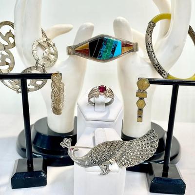 Vintage Sterling Jewelry - Earrings, Bracelets, Peacock Marcasite Brooch And Garnet Ring Sz 9