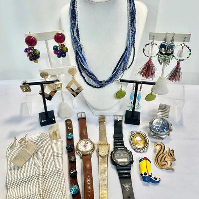 Collection Of Earrings, Watches, Beaded Neck Sash And More Jewelry
