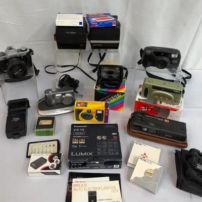 Vintage & Modern Camera Estate Lot - Polaroid, Minolta, Panasonic Lumix, and Accessories