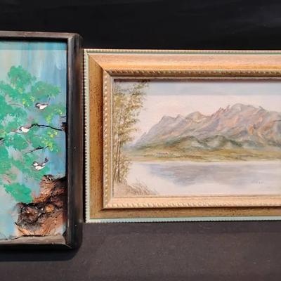 2 Vintage Original Signed Artworks - Landscape & Chickadees on Wood