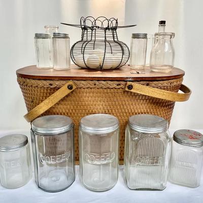 Picnic Basket By Red Man, Vintage Glass Jar Collection And Tin Basket W/ Eggs 