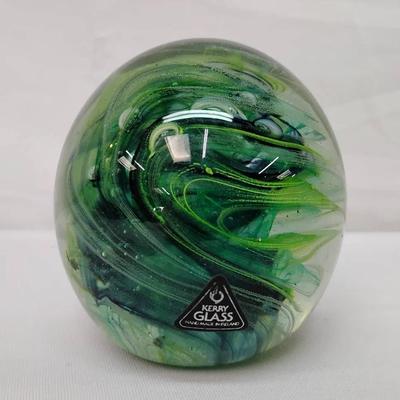 Stunning Kerry Glass Ireland Handblown Paperweight - Swirled Emerald Green