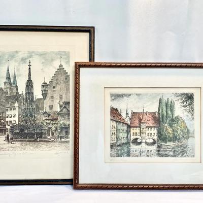 Two Signed Vintage Colored Etchings - The Heilig-Geist-Spital And Schoner Brunnen In Haupt Markt 