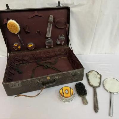 Antique Vanity Travel Case with Grooming Essentials 