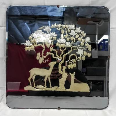 Reverse-Painted Glass Woodland Scene Panel with Deer Motif