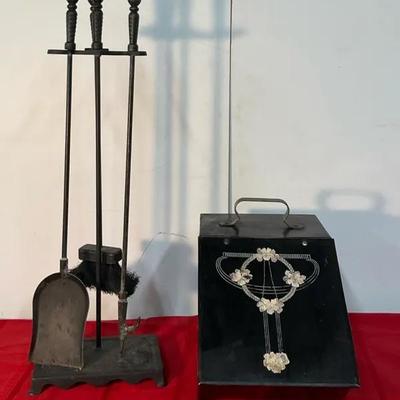 Antique Coal Scuttle Box W/ Cast Iron Fireplace Tools 