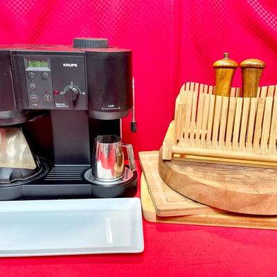 Krups Espresso Machine, Wood Cutting Boards, Wood Bread Slicer, Salt n Pepper Grinders +