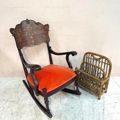 Antique Wooden Rocking Chair & Vintage Rattan Magazine Rack Set