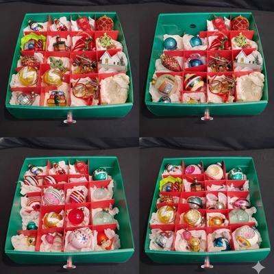 Vintage & Festive Christmas Ornament Storage Chest with 4 Drawers & Assorted Decor