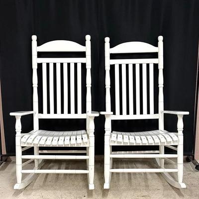 Pair of White Wooden Slat-Seat "Cracker Barrel" Rocking Chairs