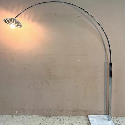 Modern Chrome Arc Floor Lamp with Perforated Metal Shade & Marble Base