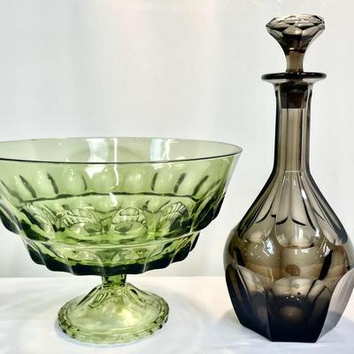 Smoky “Genie Bottle” Style Glass Moser Decanter & Green Hazel Atlas “Reflection” Footed Compote