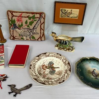 Vintage Bird Decor Lot | Roadrunner Figurine, Needlepoint, Books & Collector Plates
