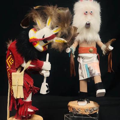 Artist Signed Hopi Kachina Dolls, Kokopelli & Wolf