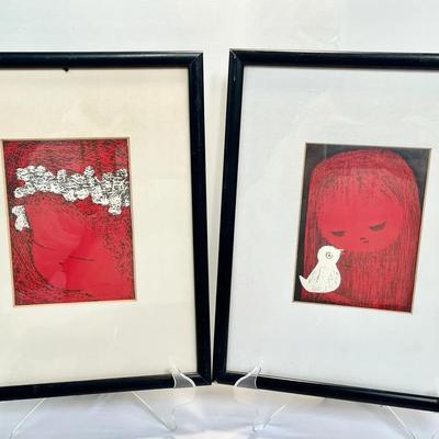 (2) MCM Woodblock Prints By Kaoru Kawano - “Flower Wreath” And “Girl And Bird” 