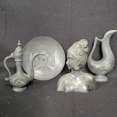 (3) Vintage Gunmetal Bidri Artwork Items